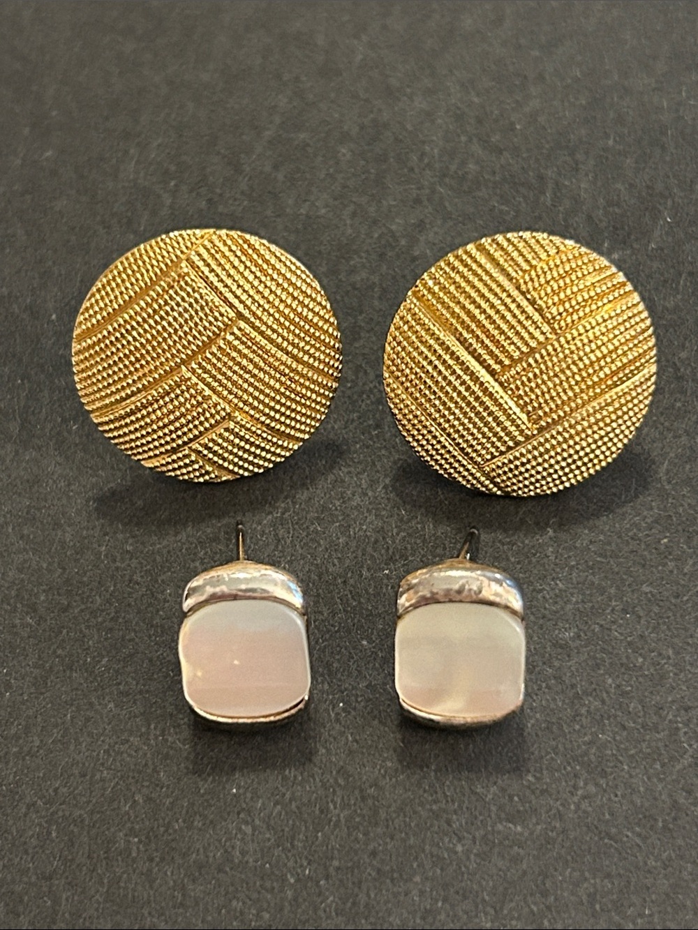 Monet Gold Tone Woven Button Earrings + MOP Studs